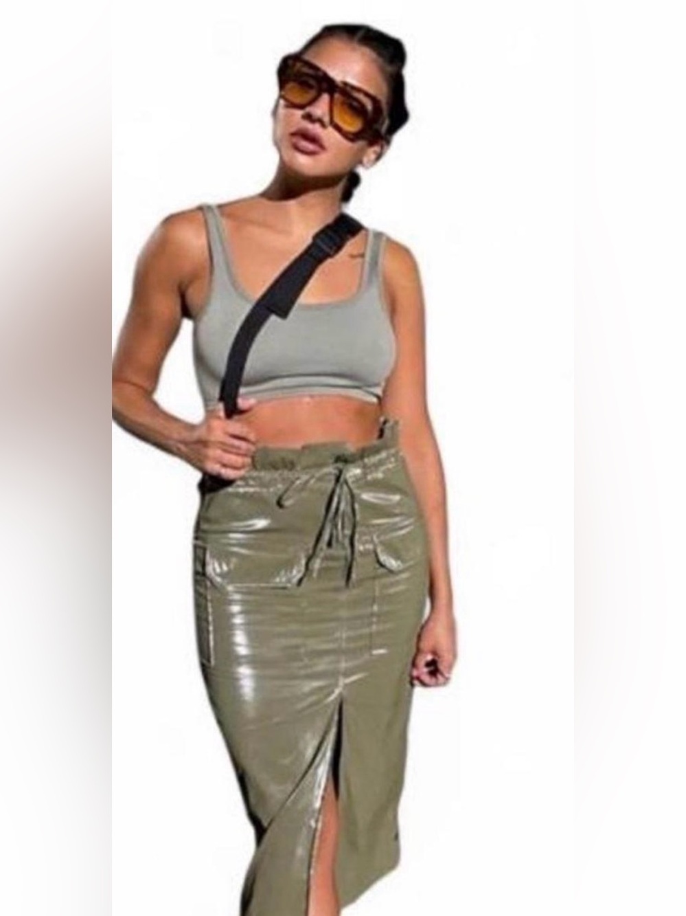 Zara Olive Green High-Waist Faux Leather Midi Skirt with Front Slit